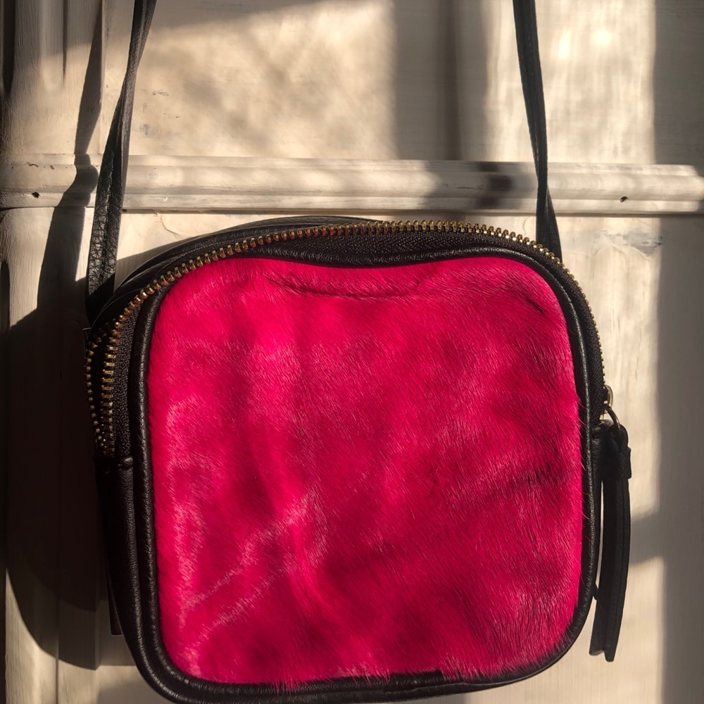 Kate Landry hot pink faux fur crossbody bag.
